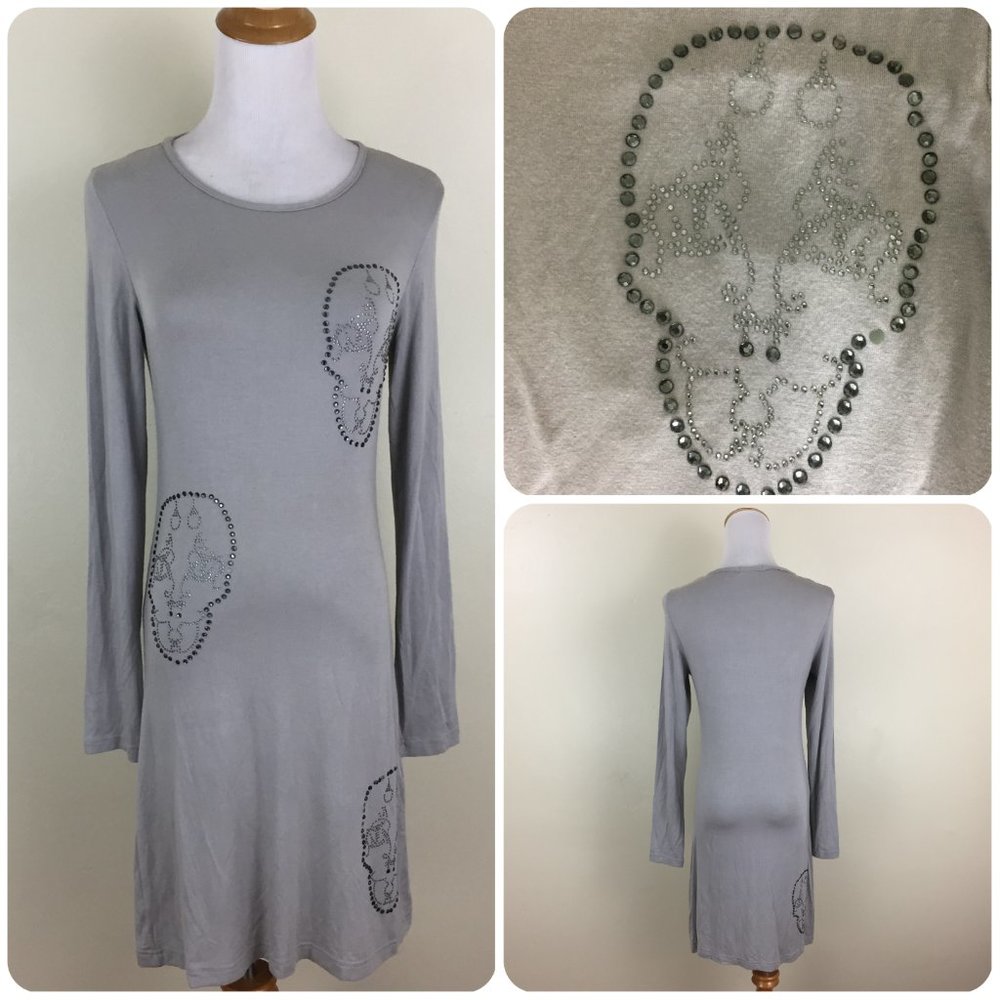 ZAC POSEN Light Gray Silver Skull Rhinestone Long Sleeve Dress